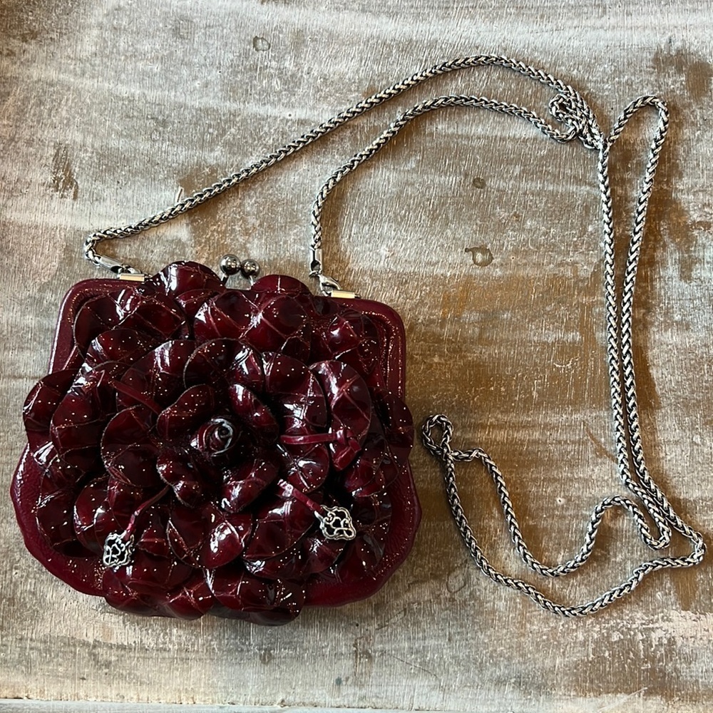 BRIGHTON Red Patent Leather Flower Chain Clutch Bag